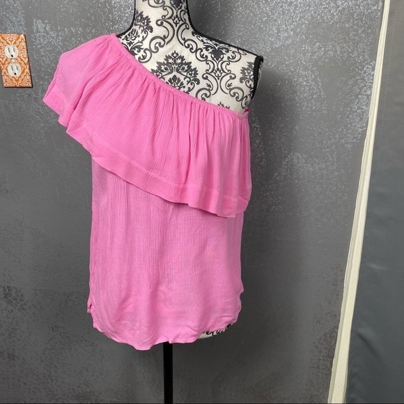 Ibiza One Shoulder Top in ‘Pink Moonflower.  Ruffle lightweight gauzy summer - Picture 3 of 10